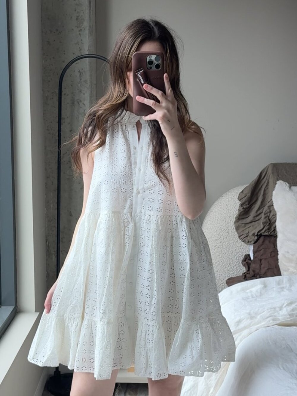 Sezane White Eyelet Tiered Sleeveless Mini Dress